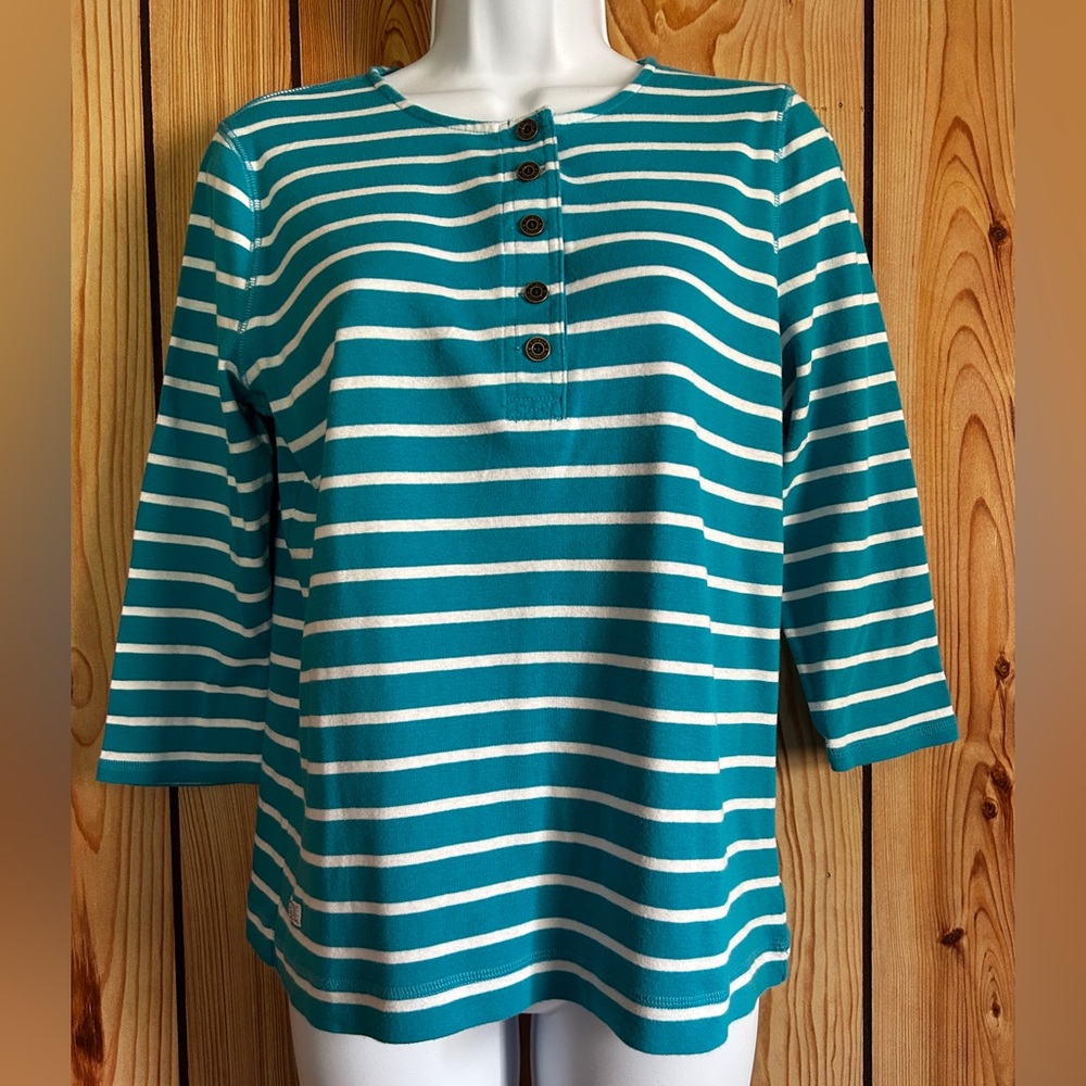 Ralph Lauren Women Top Pull Over Buttons L Teal White Striped 3/4 Sleeve Cotton
